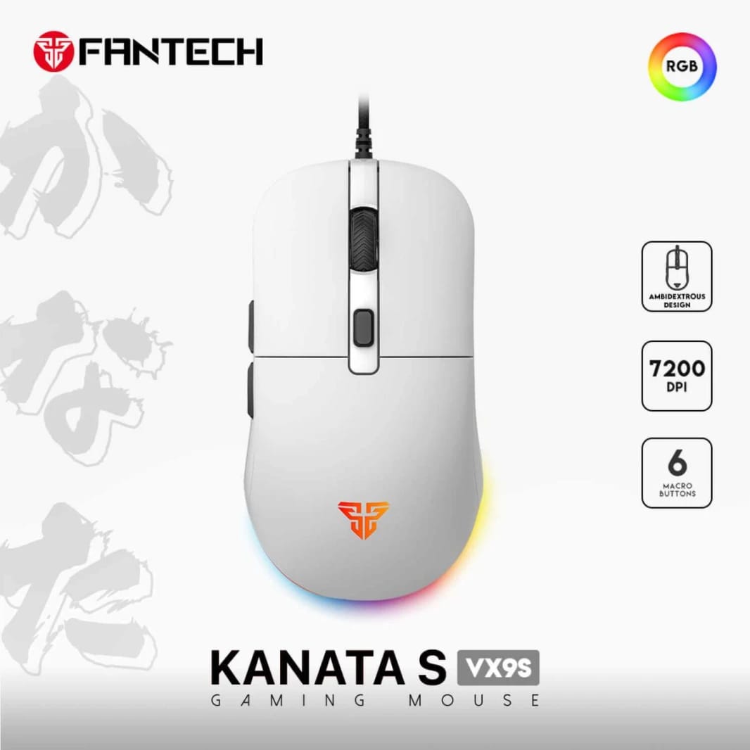FANTECH KANATA S VX9S (White) RGB Optical Wired Gaming Mouse, 7200 DPI, 82g Weight, Ambidextrous Design, Braided Cord, Software Support For Kanata S,