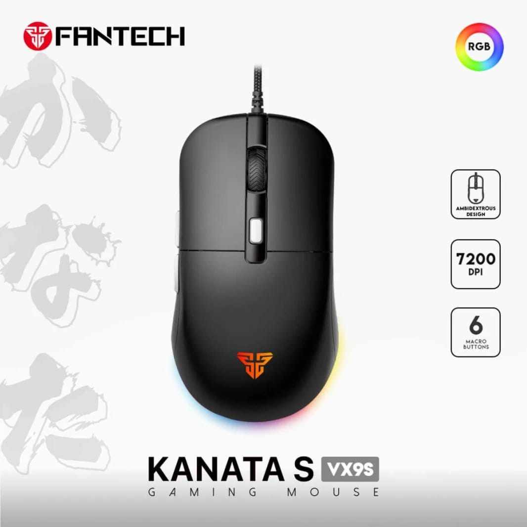FANTECH KANATA S VX9S RGB Optical Wired Gaming Mouse, 7200 DPI, 82g Weight, Ambidextrous Design, Braided Cord, Software Support For Kanata S,