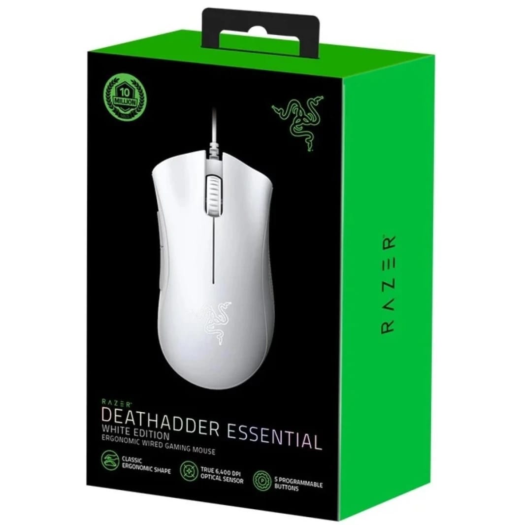 Razer DeathAdder Wired Essential Gaming Mouse 6400 DPI Optical Sensor 5 Programmable Buttons Mechanical Switches Rubber Side Grips-White