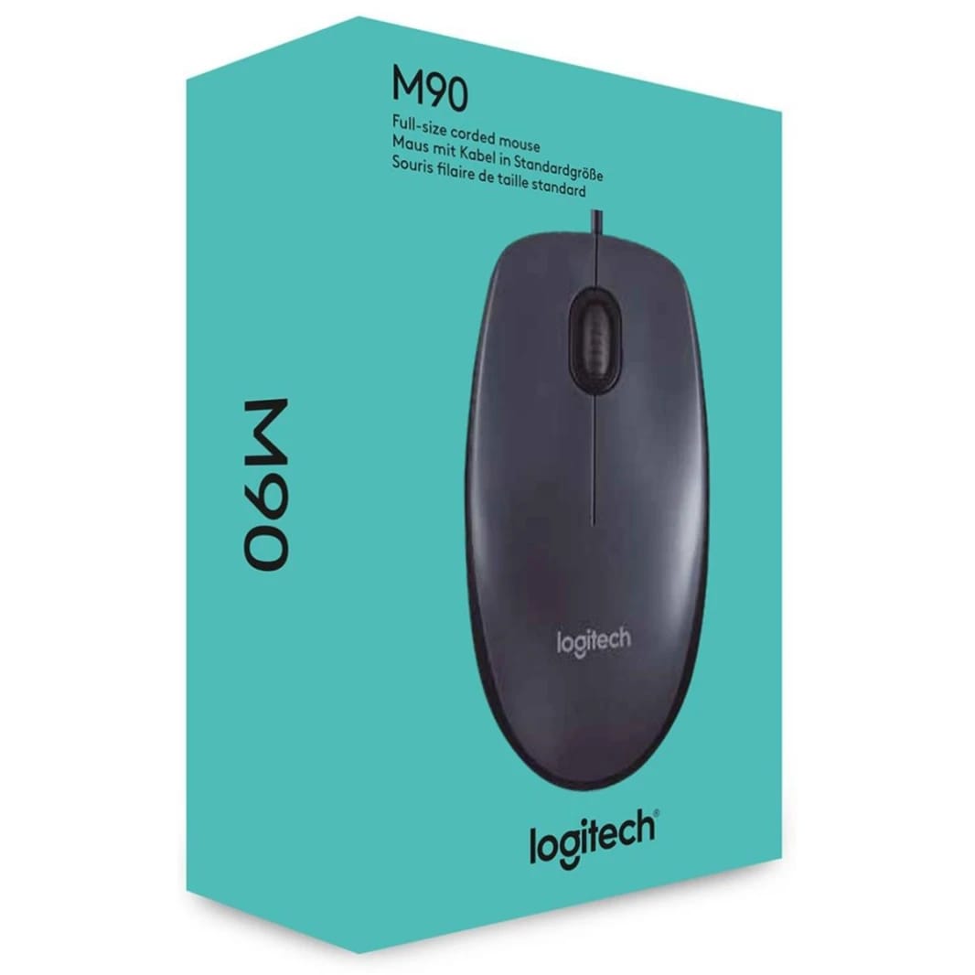 Logitech M90 1000 dpi USB Wired Optical Mouse, Comfort Ambidextrous Design - Black