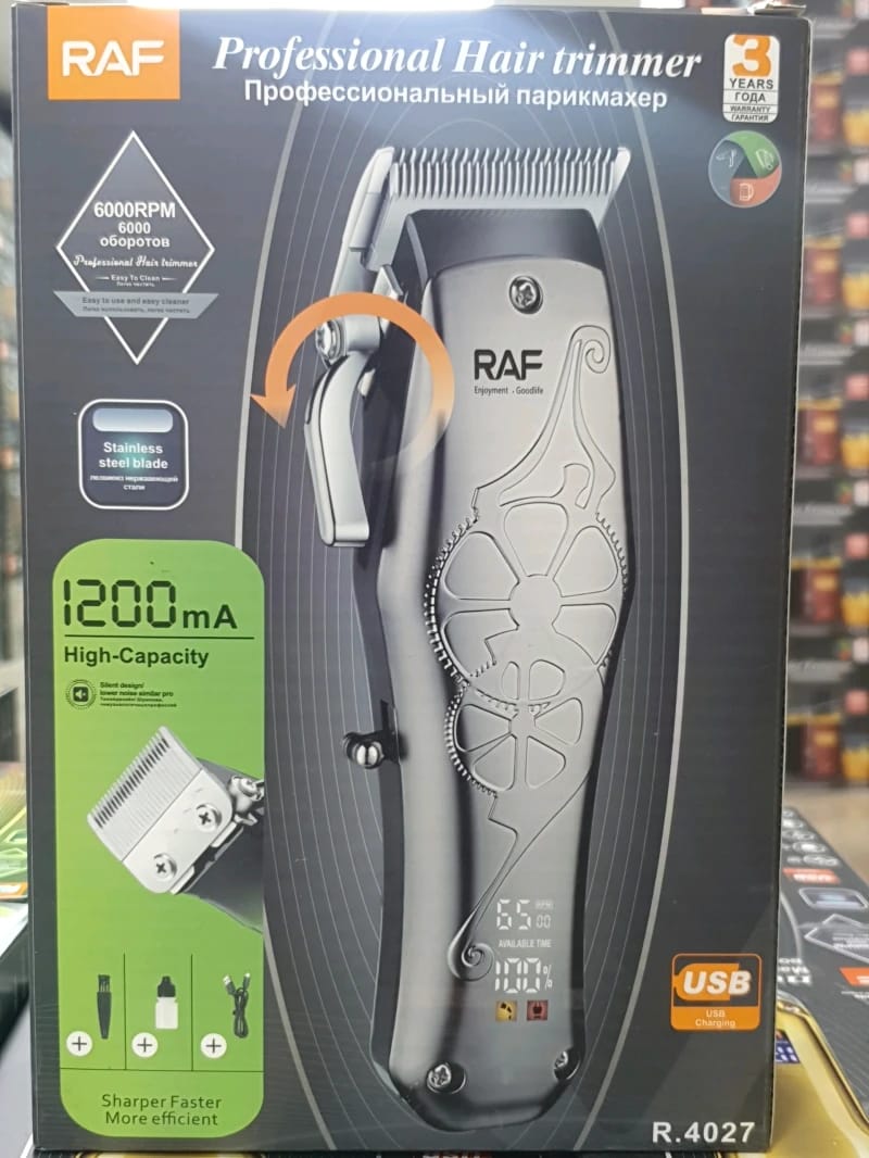 RAF Professional Hair Trimmer, uniquely designed for precise and easy hair sculpting. Suitable for professionals and amateurs, offering precise hair length control.