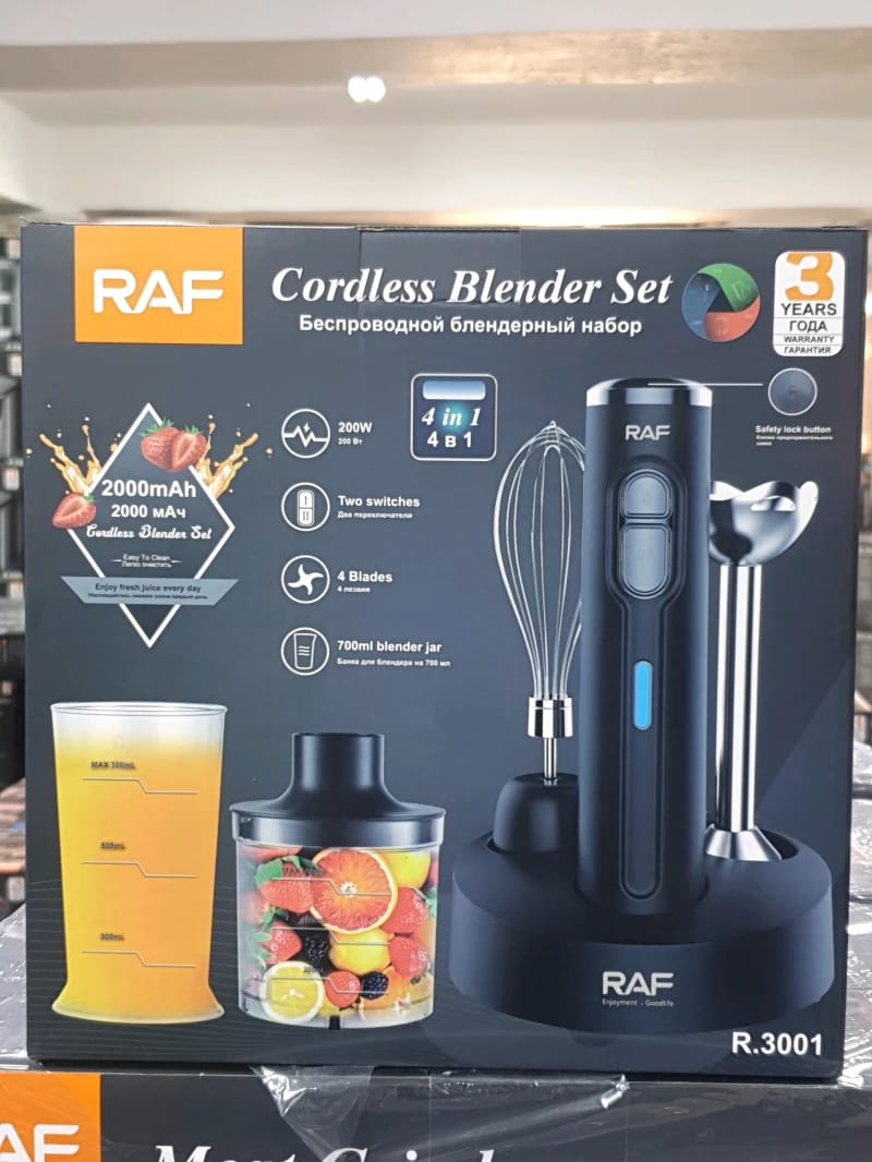 RAF Cordless Blender Set with Modern and Sleek Design for High-End Kitchens Targeting Audience Focused on Efficiency, Performance, Precision, Safety, and Ease of Use for Various Household Tasks.