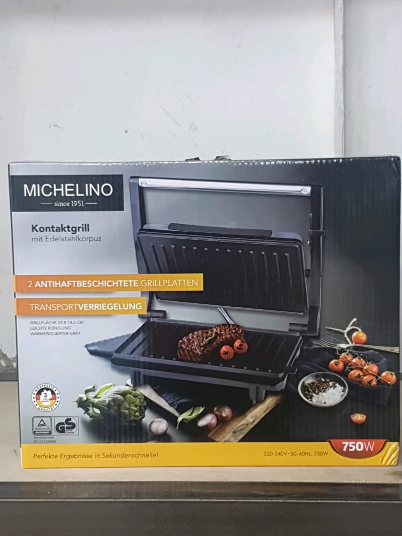 Michelino Electric Contact Grill, Versatile and Efficient Design for Home Chefs and BBQ Enthusiasts, Stainless Steel Surface for Modern Kitchens.
