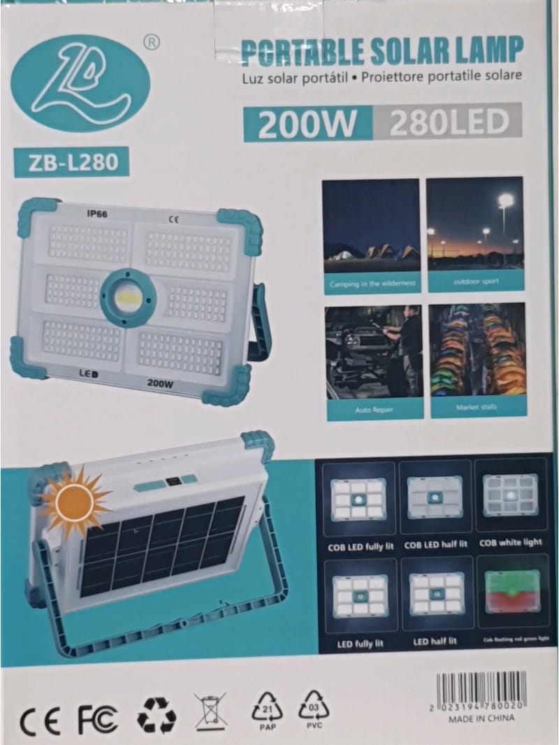 مصباح شمسي محمول ZB-L280 بقوة 200 وات و280 لمبة LED مصمم للمسافرين والمخيمين والرحلات الخارجية