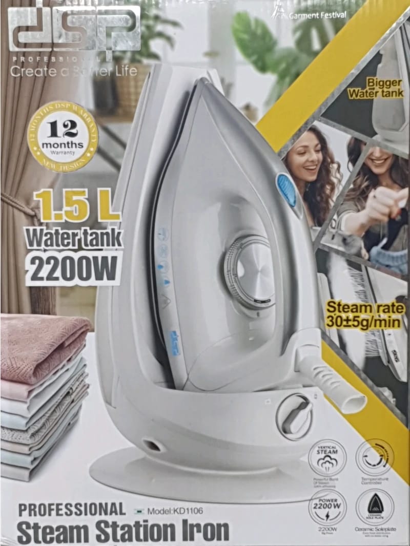 DSP Professional Steam Station Iron with Comfortable Design and Large Water Tank Capacity Suitable for All Fabric Types and Family Members