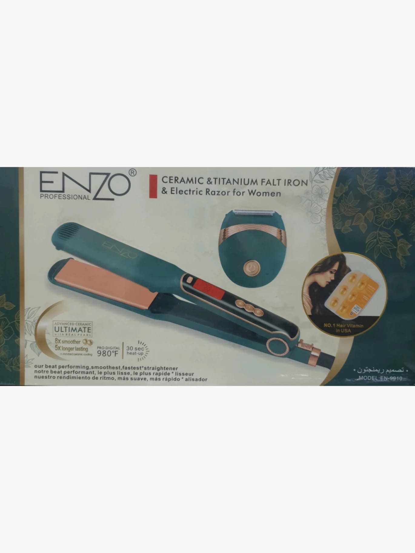 Enzo Professional Women's Premium Beauty Set Featuring Ceramic Titanium Flat Iron and Electric Razor with Elegant Design