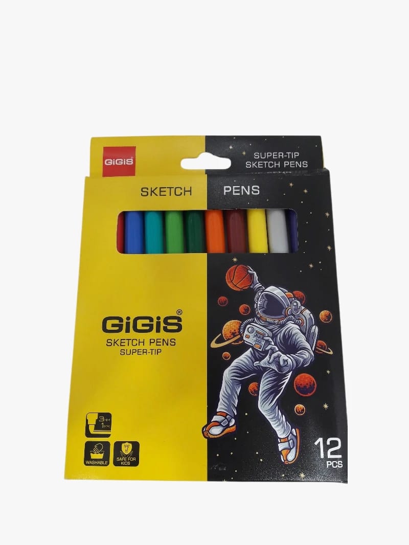 Gigi's Creative Designer Set of Super Tip Sketch Pens Featuring Vivid Space Theme for Art Enthusiasts and Budding Artists, Includes 12 Dynamic Colors for All Drawing Occasions.
