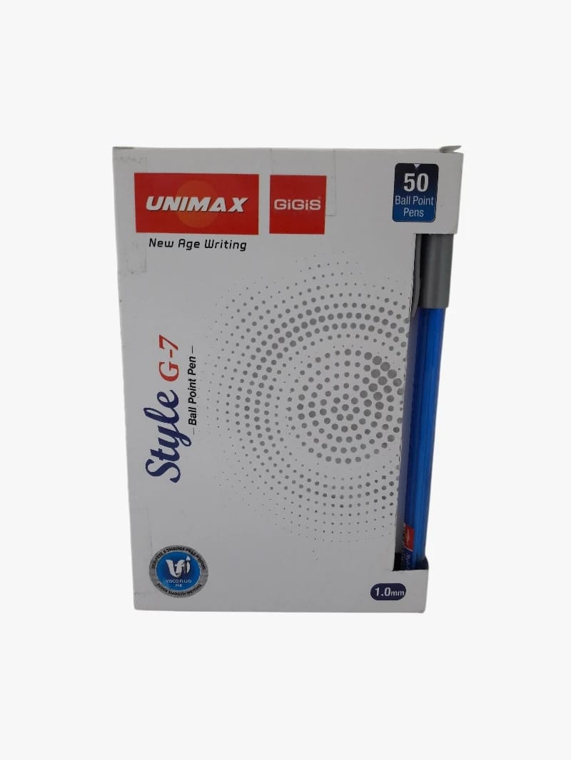 Unimax GiGiS Style G-7 Ballpoint Pens for New Age Writing, 50-Count Pack, Blue Ink, Perfect for Offices, Students, and Writing Enthusiasts at Home, Offering Smooth and Comfortable Writing Experience with Innovative Design.