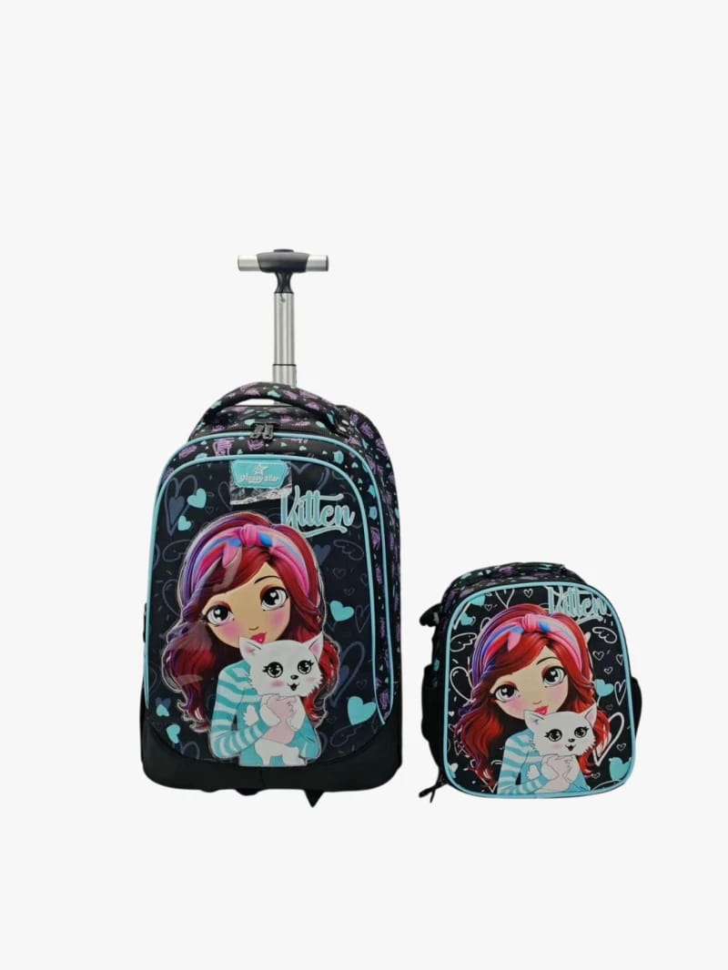 Awesome Rolling Backpack for Kids with Cute Little Girl Holding Kitten Design Ideal for School and Daily Use Featuring a Beloved Children's Character
