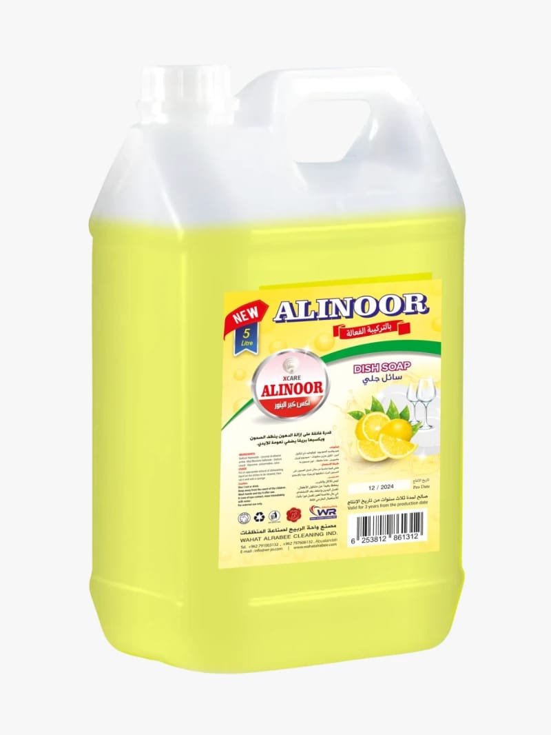 Alinoor Dish Washing Liquid with Effective Formula for Cleaning Dishes and Grease Removal Effortlessly with a Special Formula for Shine and Cleanliness in a 5 Liter Bottle for Home Use