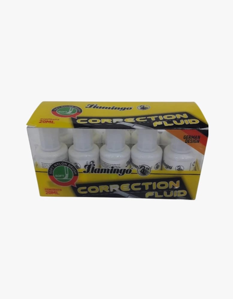 Flamingo Correction Fluid with Soft Nylon Brush, German Design, High-Quality Correction Fluid for Stunning Results, Ideal for Students and Professionals. Pack of 5 Bottles, Each 20ml.