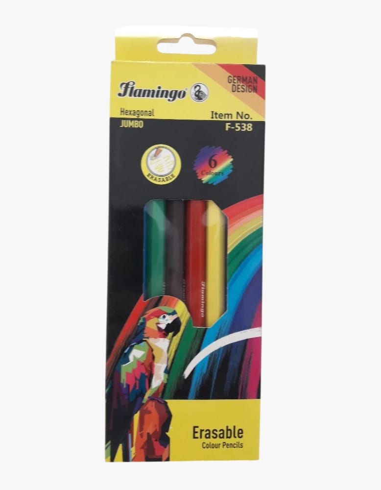 Flamingo Erasable Colour Pencils for Children and Adults with Superior Design and Hexagonal Craftsmanship - 6 Color Set for More Vibrant Artistic Creations, Perfect for Artists of All Ages at Home or School.