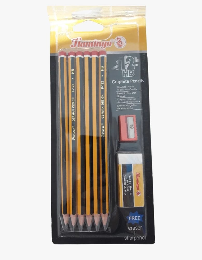 مجموعة أقلام الجرافيت Flamingo HB 12 قطعة بتصميم رائع مع مساحة ومبراة مجانًا للطلاب والمحترفين وأي شخص يحتاج إلى أقلام عالية الجودة للكتابة أو الرسم. تتميز الأقلام بتصميم ألماني أنيق.