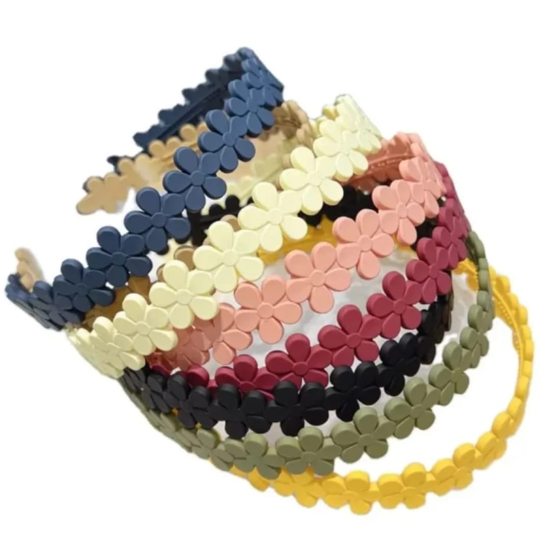 Set of White, Pink, Black, Olive, Yellow Flower Design Hairbands for Kids and Women Stylish Accessory by Dazzling Design for Every Occasion, Comfortable and Safe for Ultimate Chic Look
