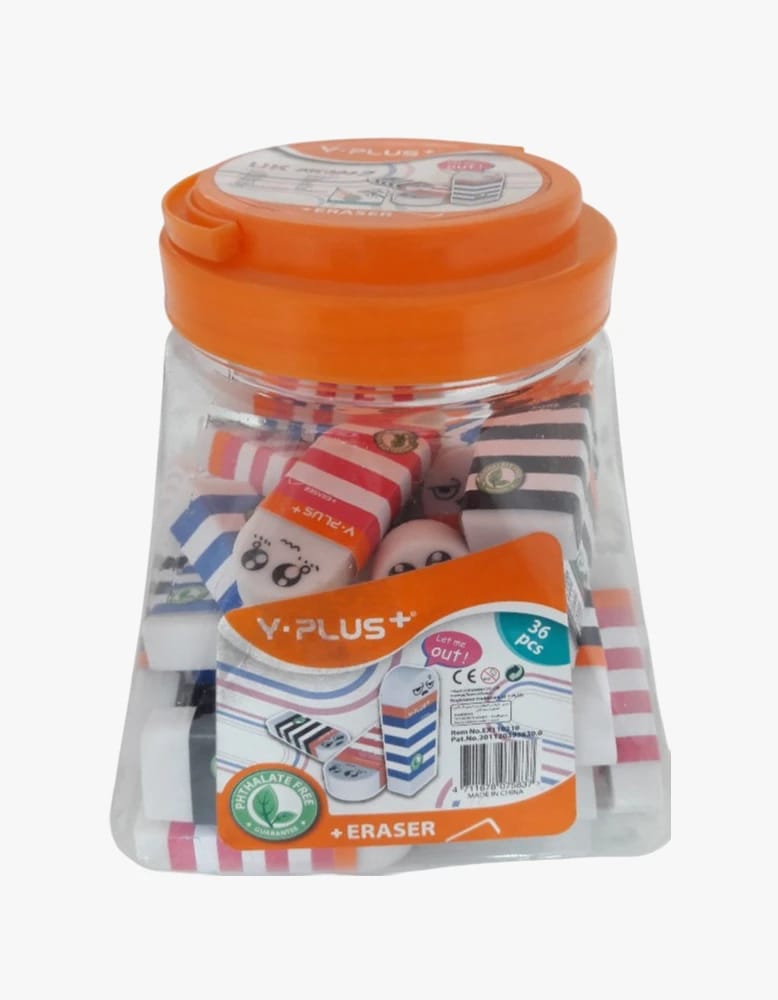 V-Plus Special Eraser for Kids in Transparent Container with Vibrant Colors and Cute Designs Featuring Happy Face for Writing and Drawing, Perfect for Elementary School Kids and Various Art Programs.