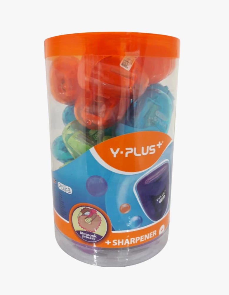 مبراة Y-PLUS الملونة، تصميم بولكا لكل شخص يبحث عن أدوات مكتب مبتكرة وفعالة، تتميز بجودة عالية وسهولة الاستخدام مع خزان نفايات مدمج لحفظ مكتبك نظيفًا ومنظمًا طوال الوقت، مثالية لجميع الفئات العمرية.