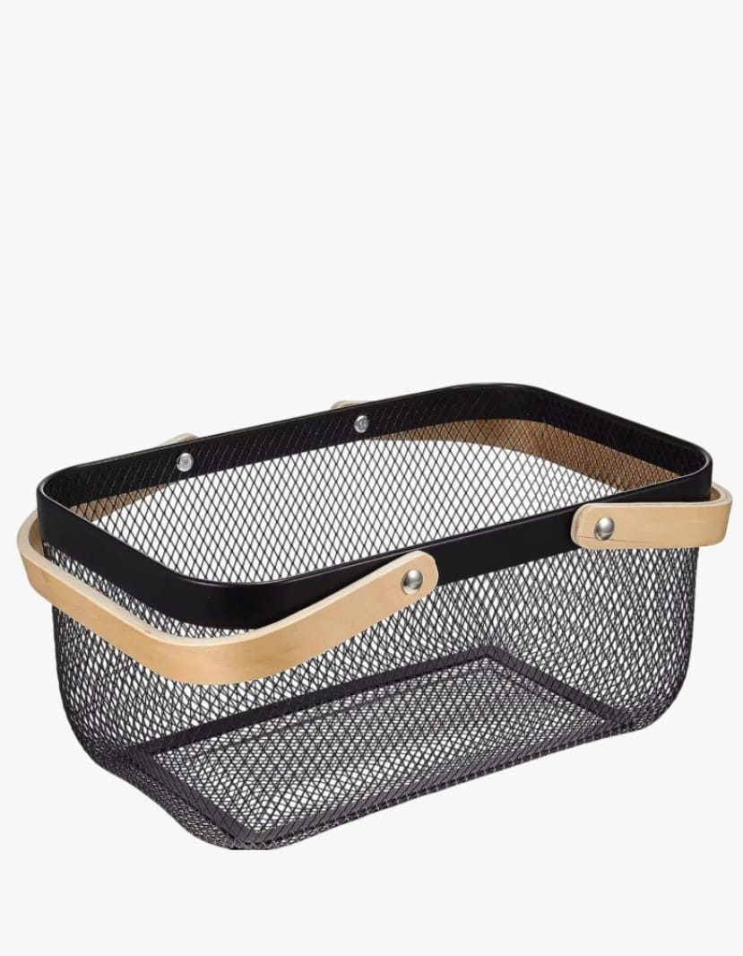 Elegant Black Mesh Multipurpose Storage Basket with Sturdy Wooden Handle, Perfect for Organizing Various Items and Accessories in Any Room. A Stylish Addition to Home Decor.
