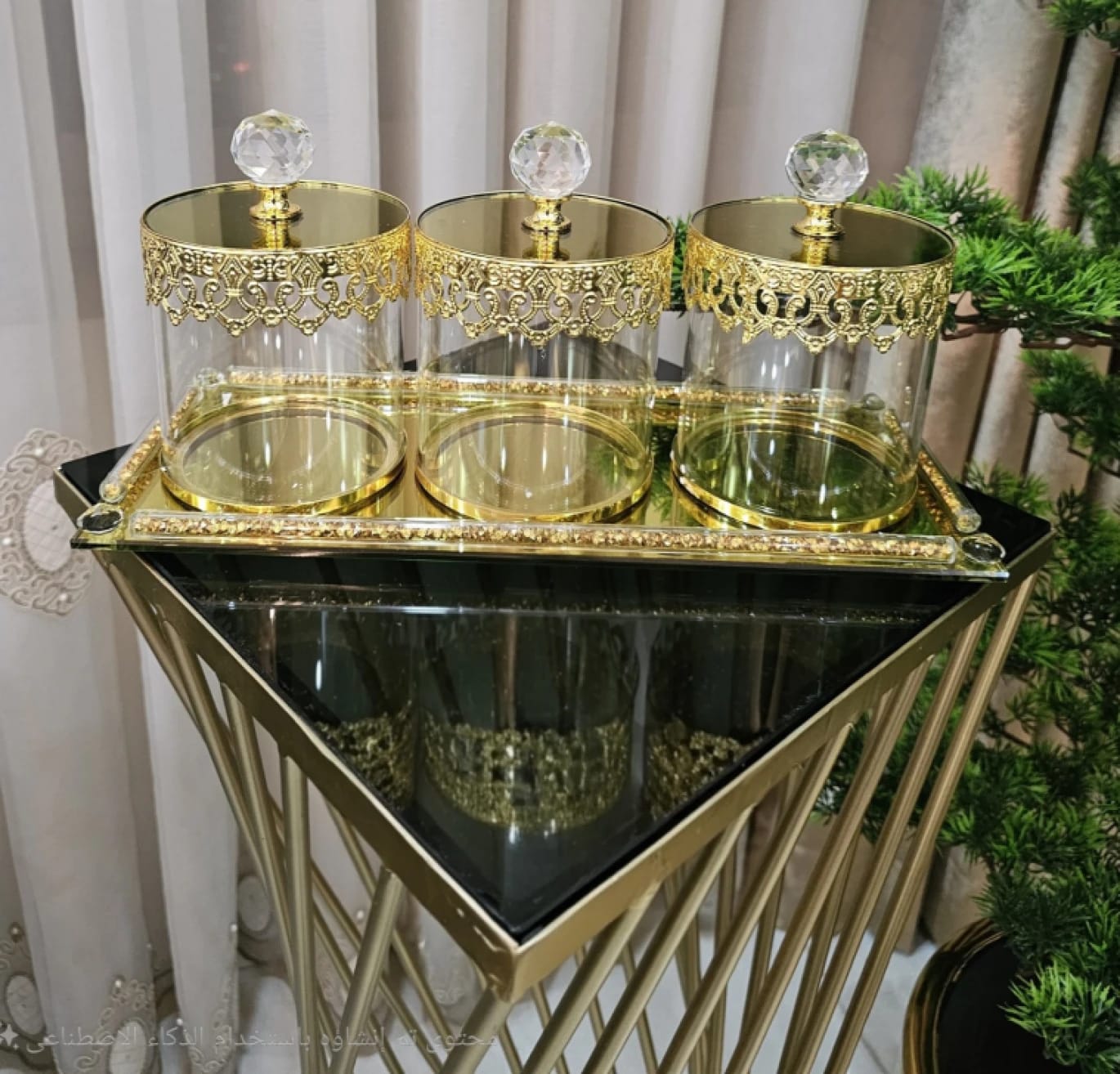 Luxury Glass Canister Set with Elegant Golden Embellishment and Crystal Lid for Kitchens and Hospitality by High-End Brand, Showcasing Opulence and Appeal for Home and Events Needs.