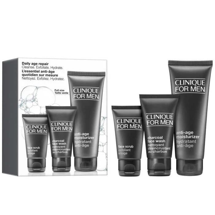 Clinique Daily Age Repair: Cleanse. Exfoliate. Hydrate Anti-Aging Moisturizer 100 ml & Facial Scrub 30 ml Activated Charcoal Facial Wash 50 ml Gift Set For Men