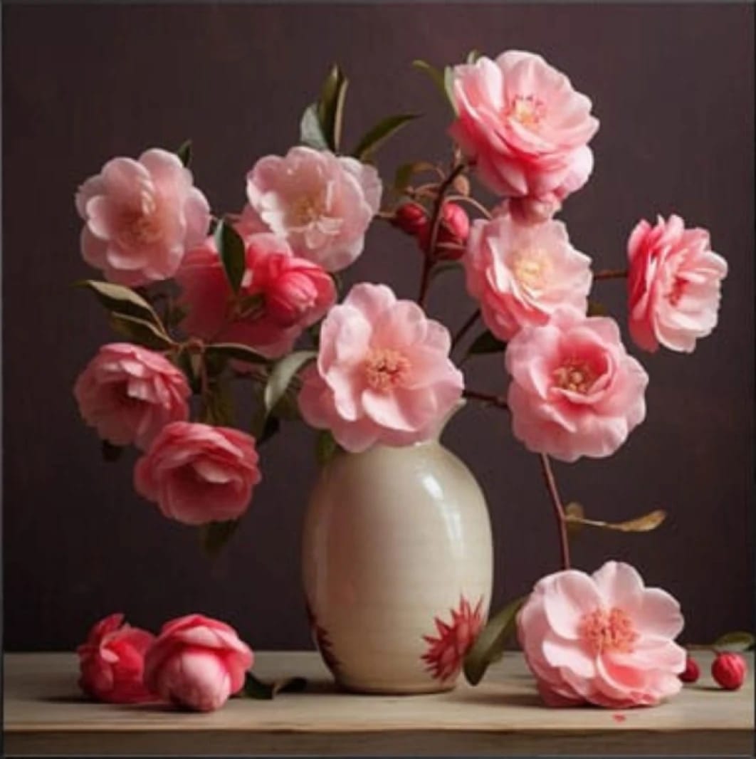 Modern Vase with Natural Pink Camellia Flowers Made of Premium Ceramic for Interior Decoration Tailored for Flower Enthusiasts and Elegance in Any Space or Room with Luxurious Style