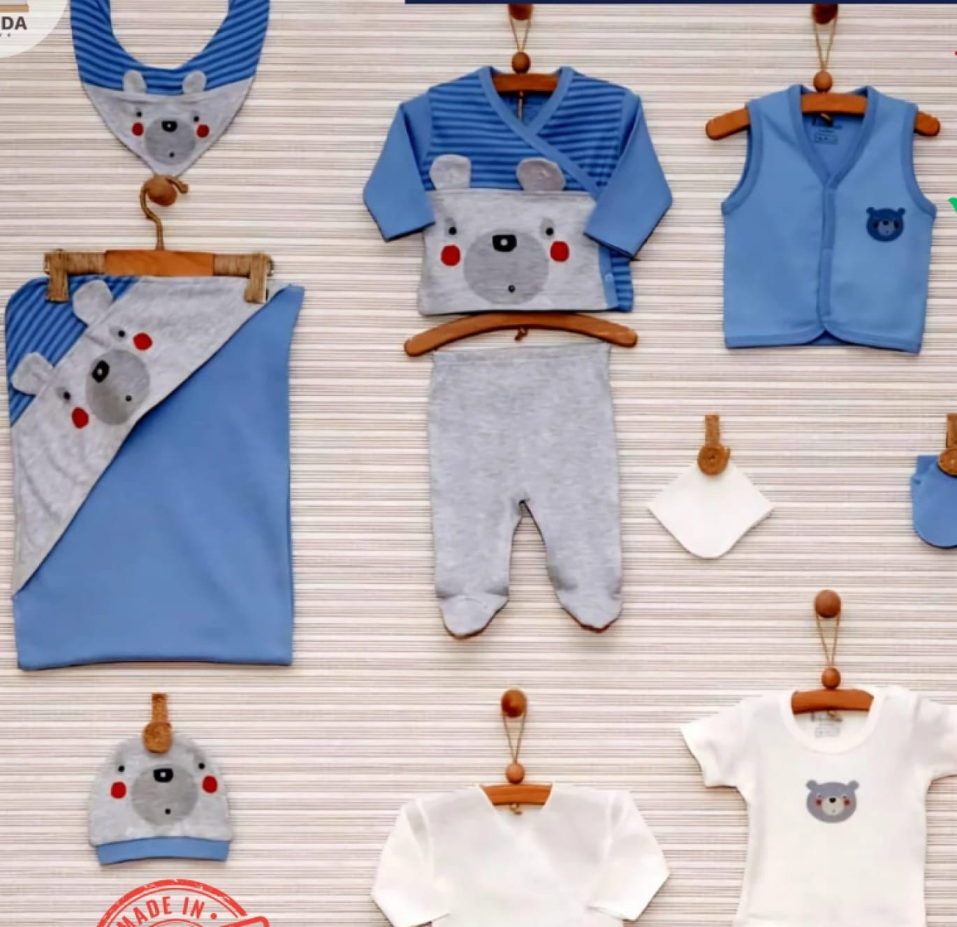 Luxury Baby Bear Brand Clothing Set for Baby Boys, Bear Design, Including Bodysuits and Blankets in Blue and Gray Shades with Adorable Decorative Accents.