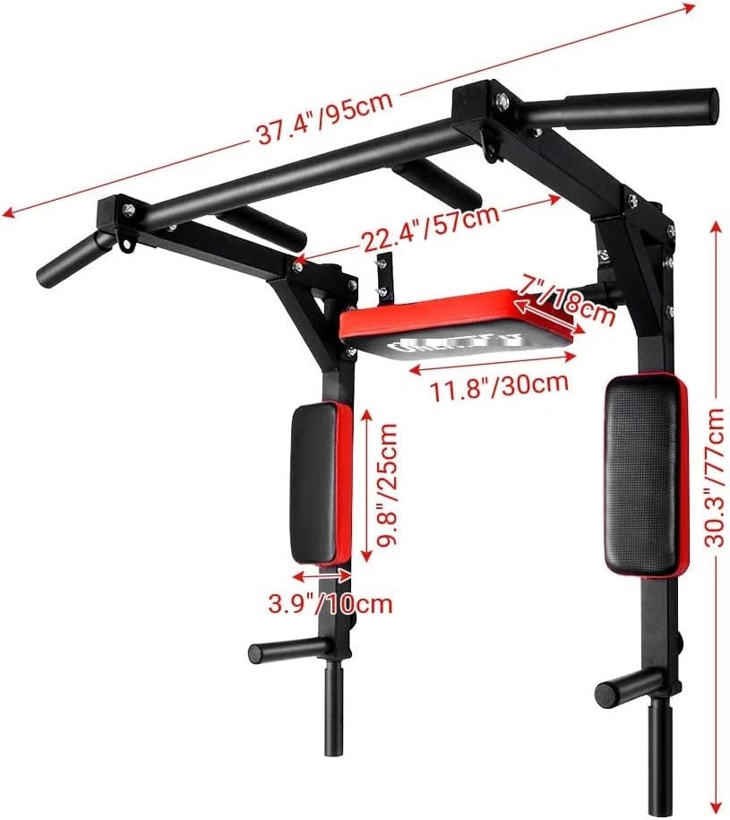 Wall Mounted Pull Up - Chin Up bar with dip station + 5 extra Exercises & Hangers 4 Hooks