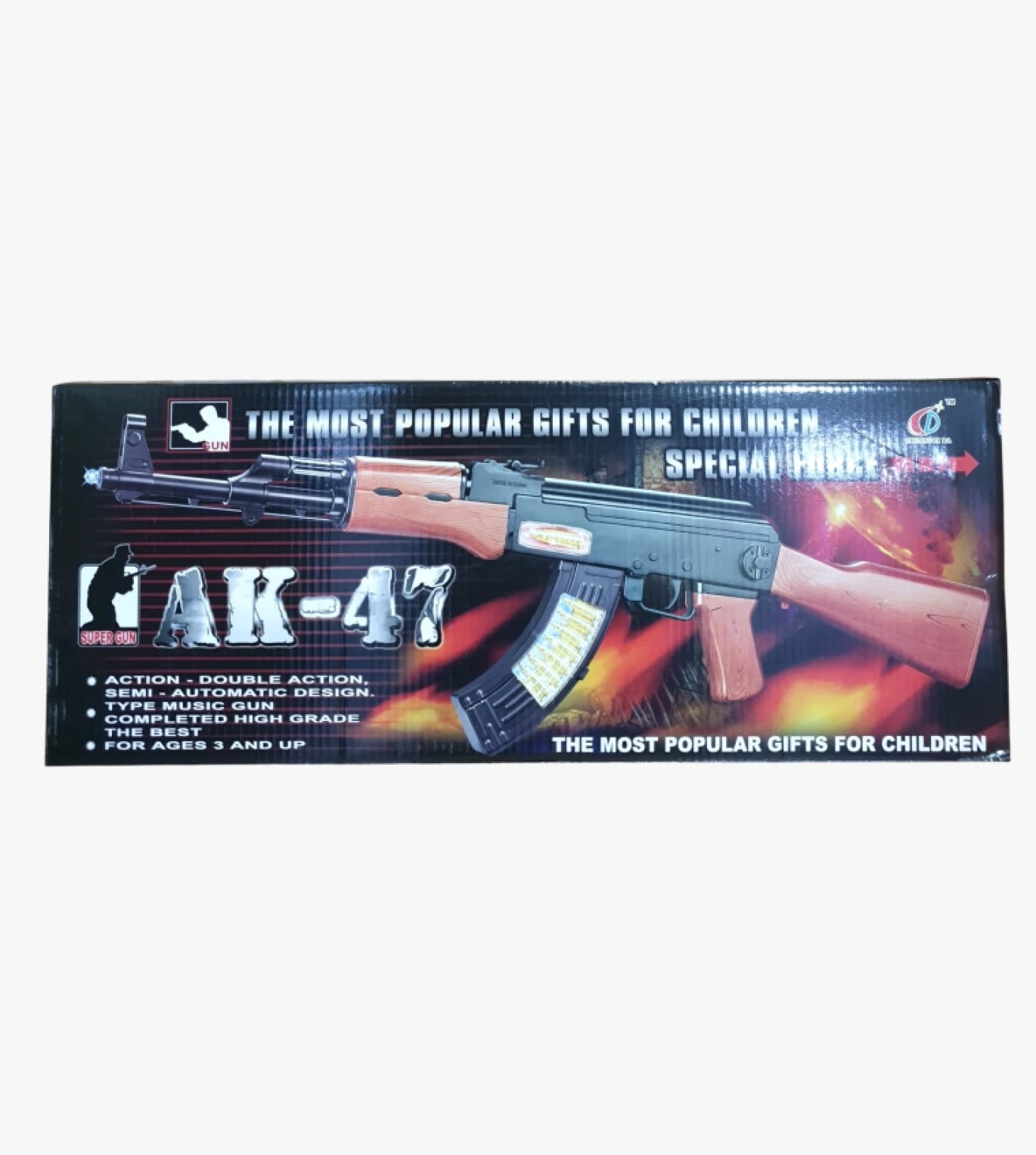 AK-47 Toy Gun Design Special for Children Use, with Double Action Performance, Semi-Automatic System, and Musical Sound, by Super Gun, for Ages Three and Up, Most Popular Choice for Kids.