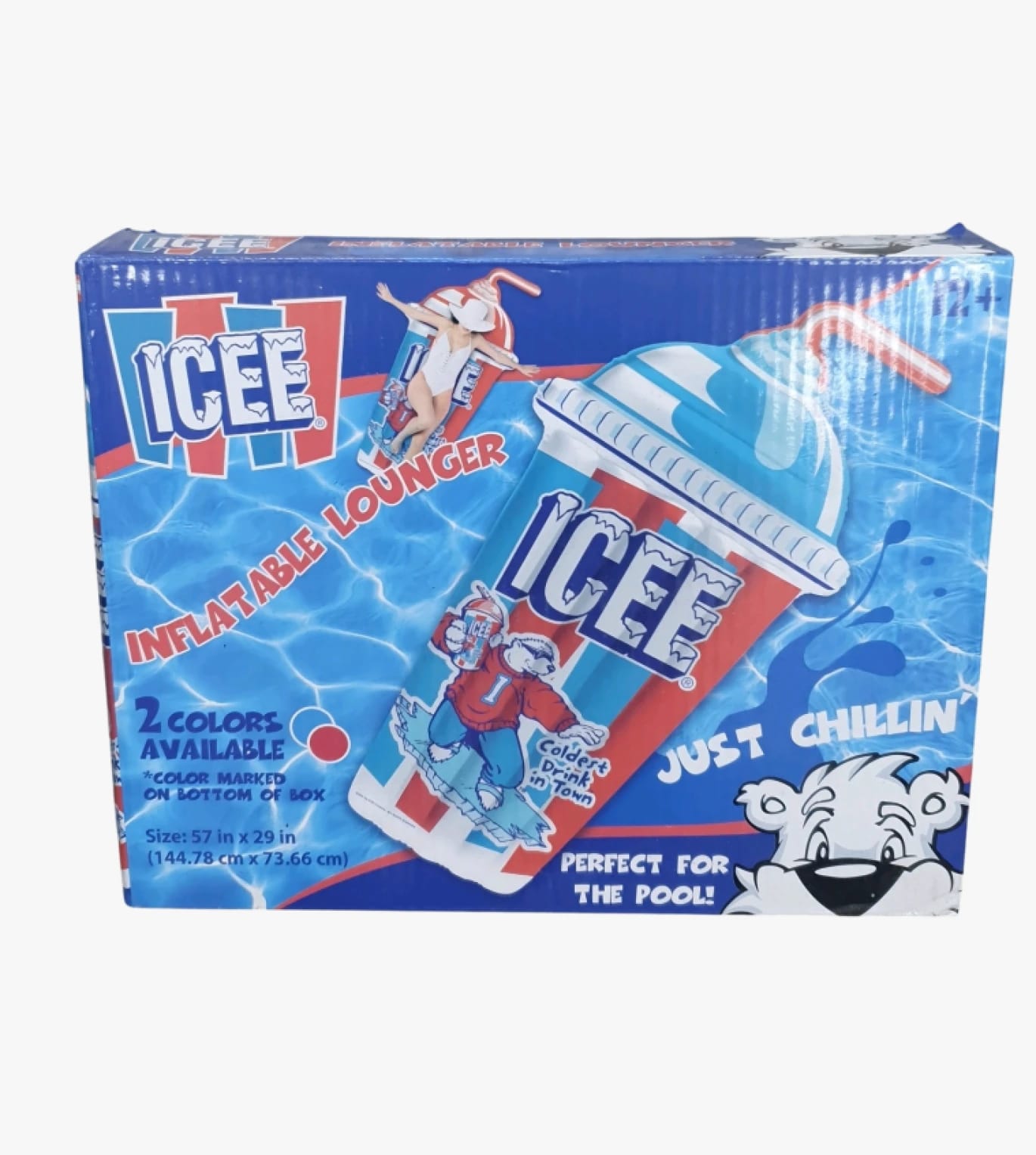 ICEE Inflatable Lounger for Kids and Adults with Unique Design and Fun Branding for Pool or Beach Use in Summer with Colorful Options and Logo.