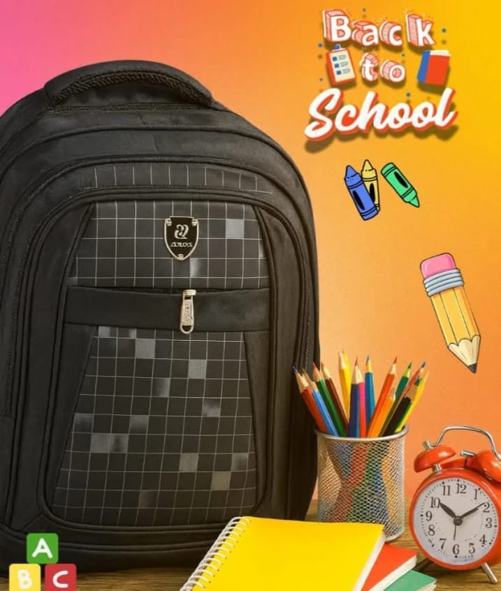 Anexox School Backpack for Students with Modern Design and Multiple Pockets, Suitable for All Age Groups, Perfect for Student Needs, Featuring Sleek Black Color with Grid Pattern