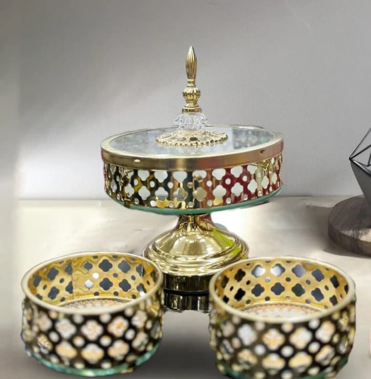 Luxury Decore Ware Elevated Glass Stand with Three Elegant Serving Dishes in Stunning Arabesque Design for the Discerning Taste by the Premium Decor Brand