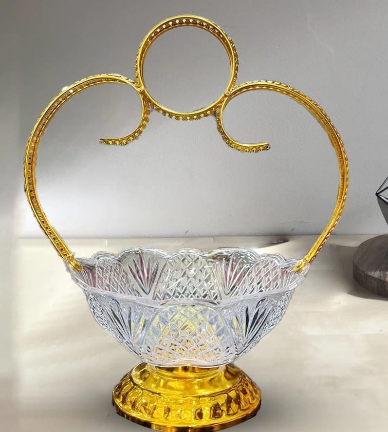 Exquisitely Elegant Glass Basket with Luxurious Gold Handle for Upscale Homes and Royal Decor Enthusiasts, Featuring Intricate Architectural Details