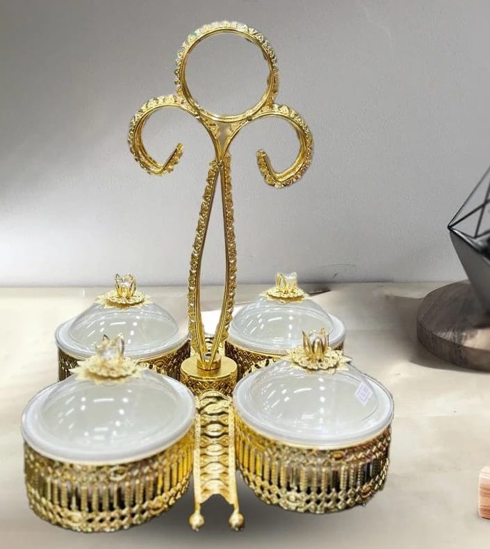 Luxury Serving Tray with Four Glass Bowls and Golden Lid Elegantly Adorned for Perfect Dining Experiences at Home