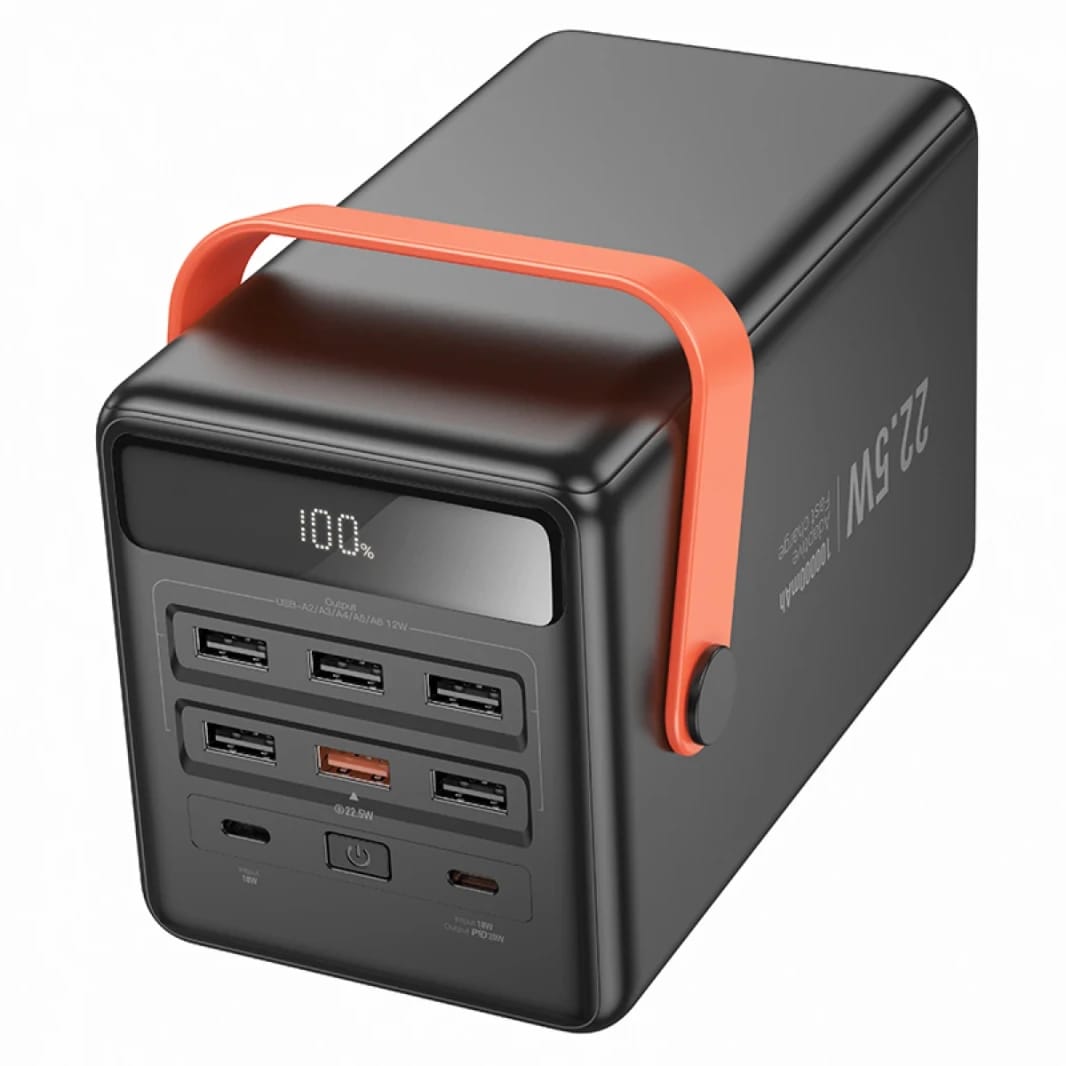HOCO J142 Power bank with Ultra Large 100,000mAh capacity, 22.5W PD20W Dual Type-C port input, Single Type-C and 6 × USB-A Ports Outputs, LED Digital Display of Power Level, Indicator of Fast Charging, With LED Lamp and Handle - Black
