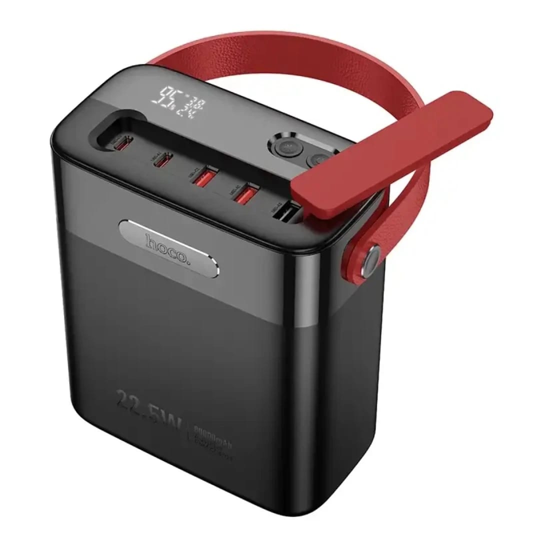 HOCO J143 Title Power Bank with Ultra Large 80,000mAh capacity, 22.5W+PD20W Fully Compatible, Dual Type-C and triple USB-A ports output, LED digital display. Indicator of fast charging. With flashlight and lamp - Black