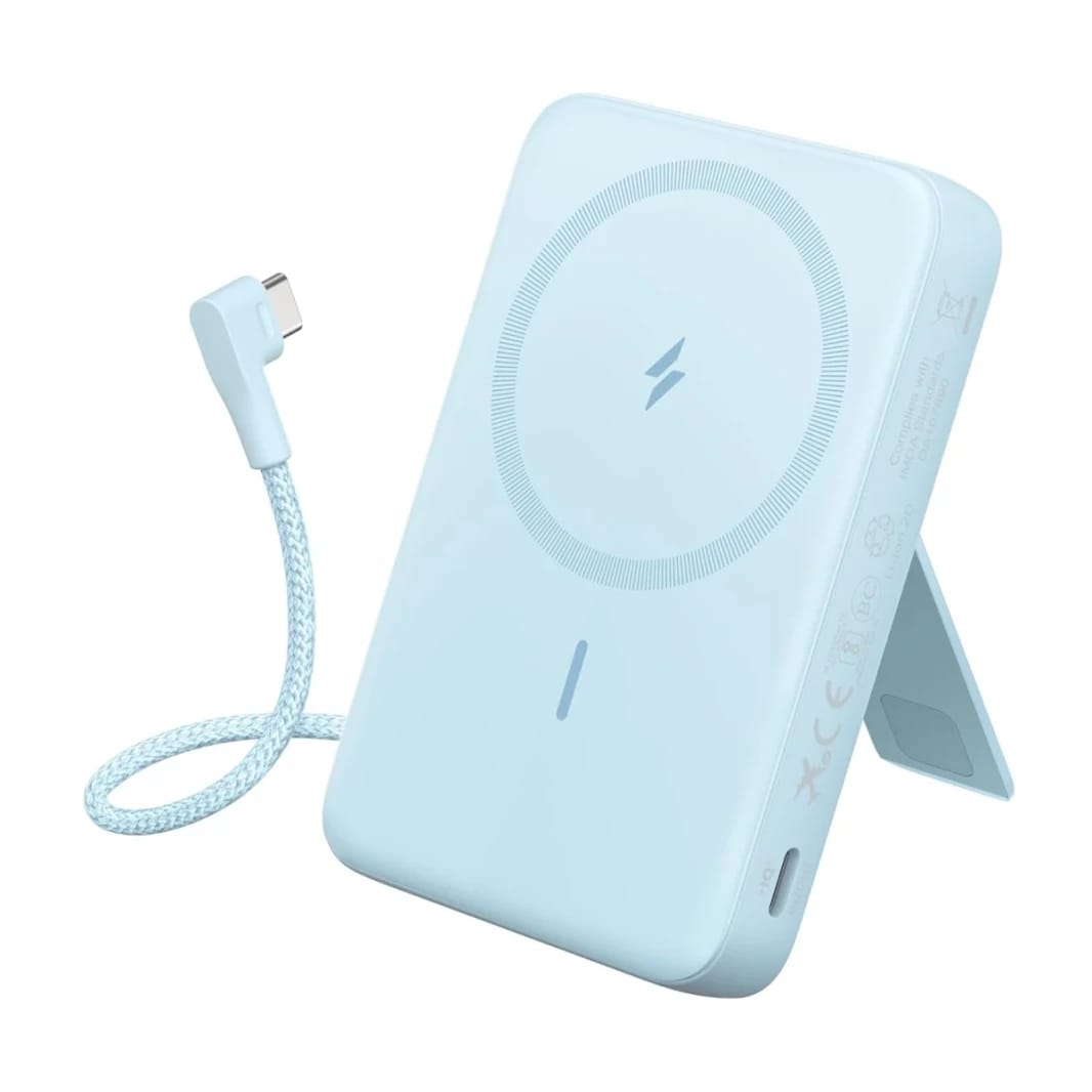 Anker Zolo Magnetic Power Bank, 10,000mAh Wireless Portable Charger with 30W Max Fast Charging, Battery Pack with Built-in USB-C Cable and Adjustable Stand, for iPhone 16/15 Series, AirPods - Blue