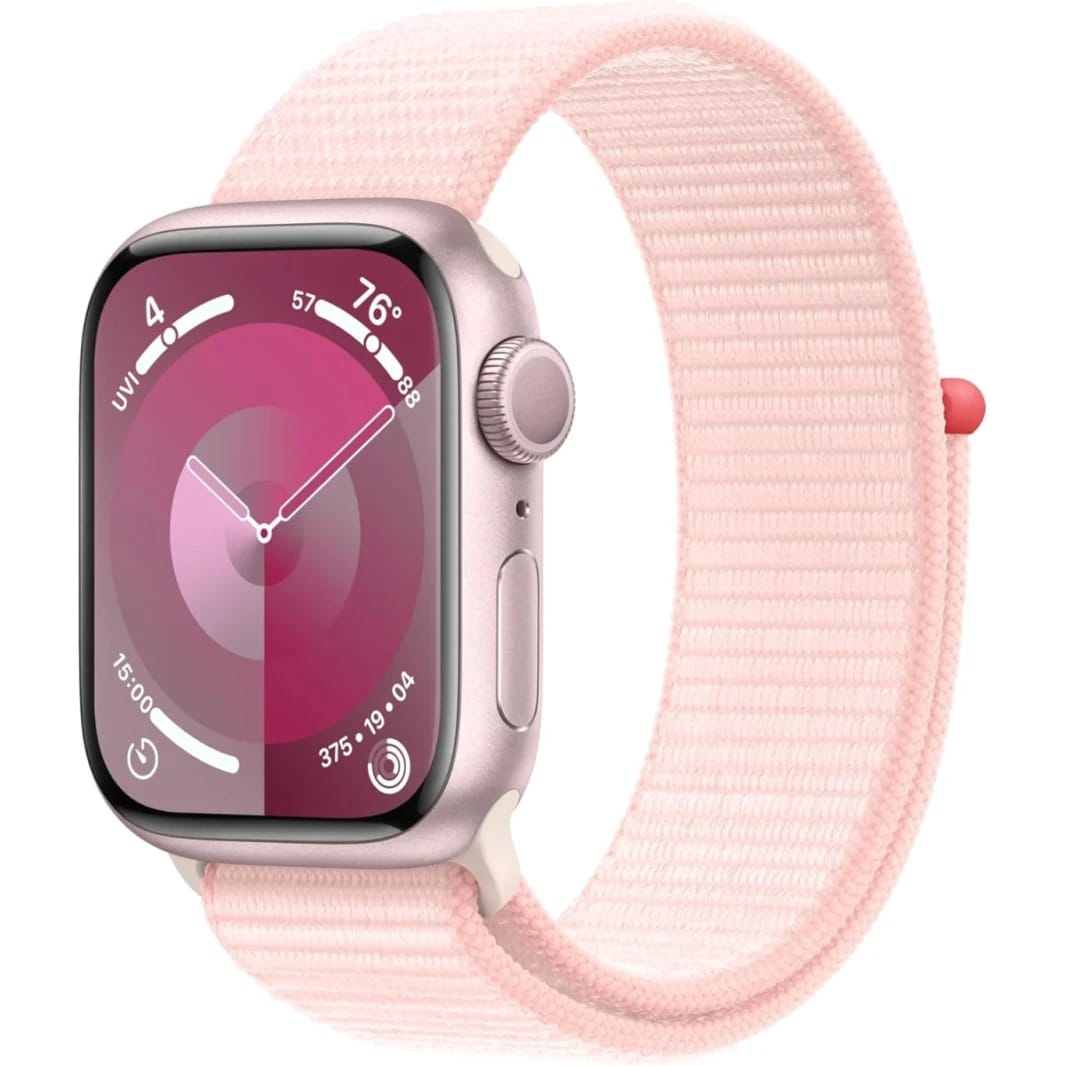 Apple Watch Series 9 [GPS 45mm] Smartwatch with Pink Aluminum Case with Light Pink Sport Loop. Fitness Tracker, Blood Oxygen & ECG Apps, Always-On Retina Display, Water Resistant