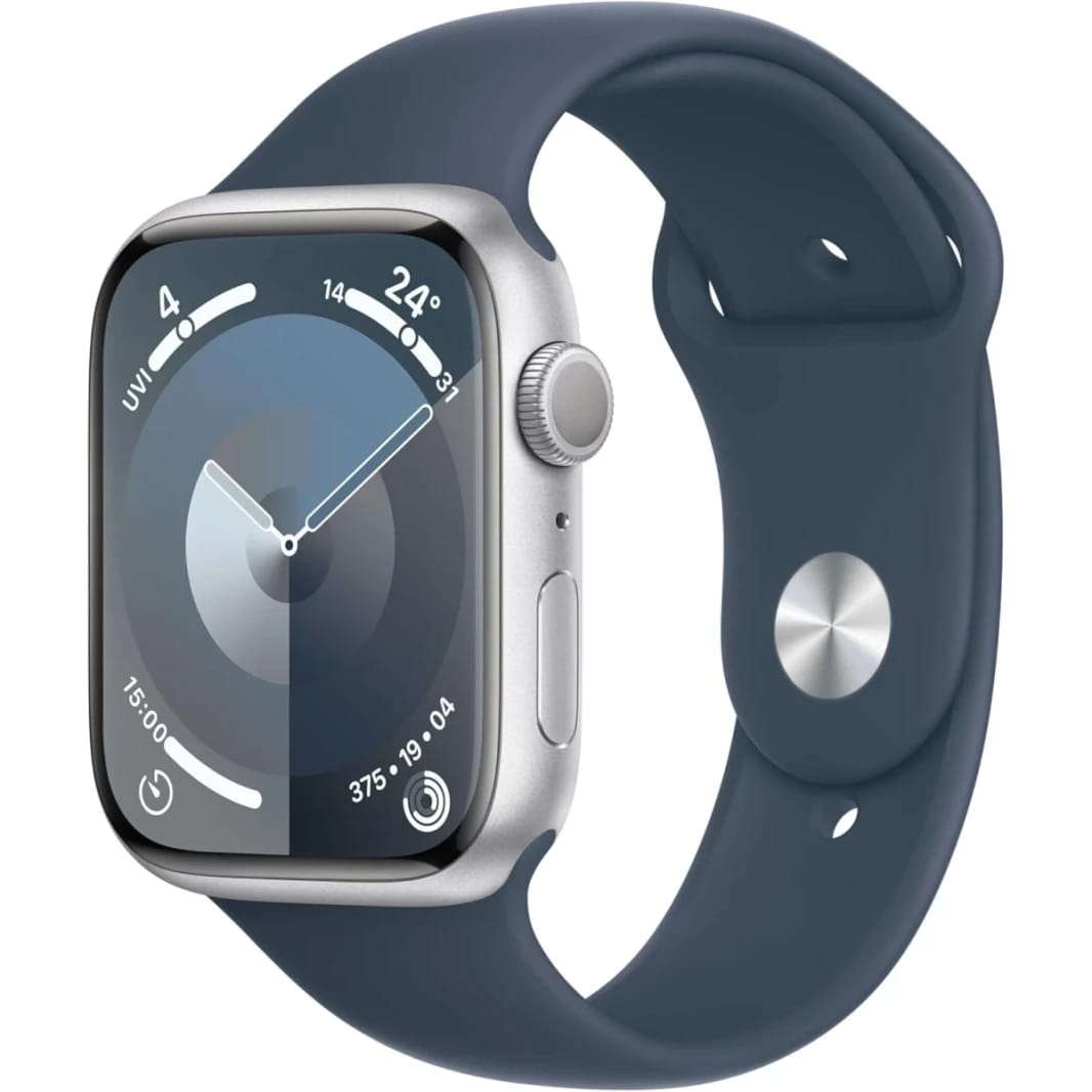 Apple Watch Series 9 [GPS 45mm] Smartwatch with Silver Aluminum Case with Storm Blue Sport Band M/L. Fitness Tracker, Blood Oxygen & ECG Apps, Always-On Retina Display, Water Resistant
