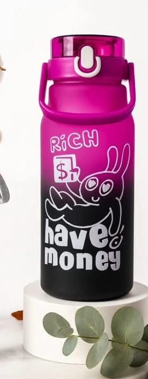 Rich Joyful Water Bottle with Rabbit Design and 'Have Money' Text for Trendy, Active, Nature-Loving Audience. Ideal for Daily Use. With a Secure Lid and Large Capacity for Stylish Hydration.