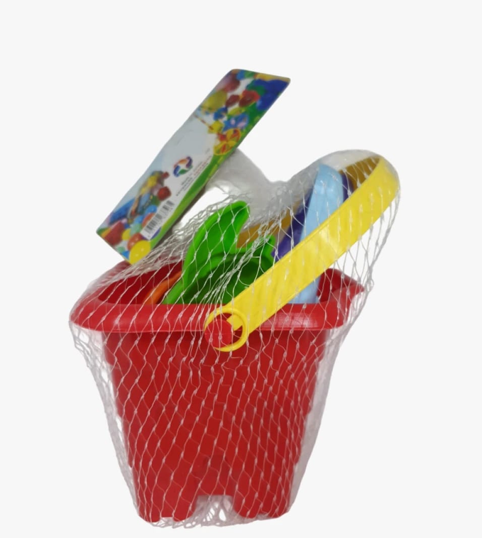 Children's Beach Bucket Toy Set by Renowned Brand with Bright and Attractive Design, Includes Shovel, Sieve, and Sand Shapes to Enhance Fun Time at the Beach, Ensuring Safe Use and High-Quality Craftsmanship.