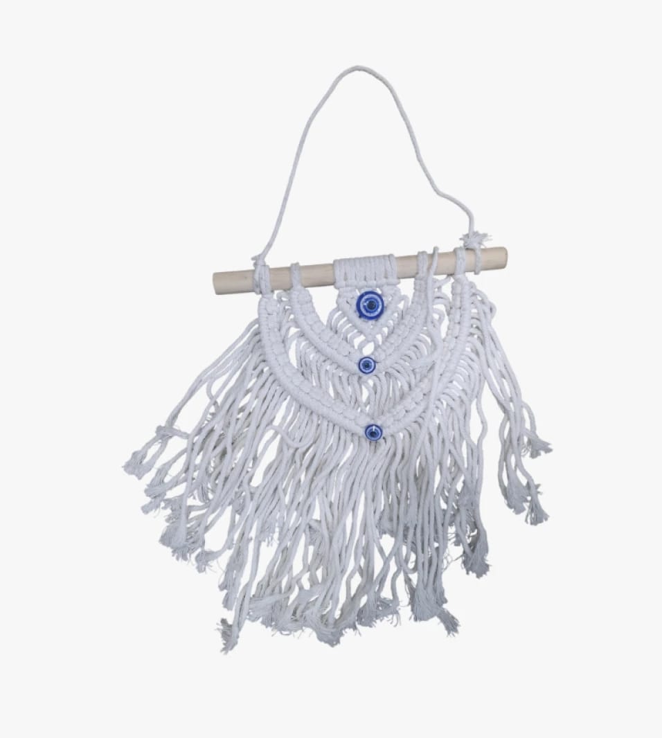 Eiffel Tech Macrame Wall Decor, Unique Design with Blue Beads, Perfect for Craft Enthusiasts and Stylish Interior Decor Lovers.