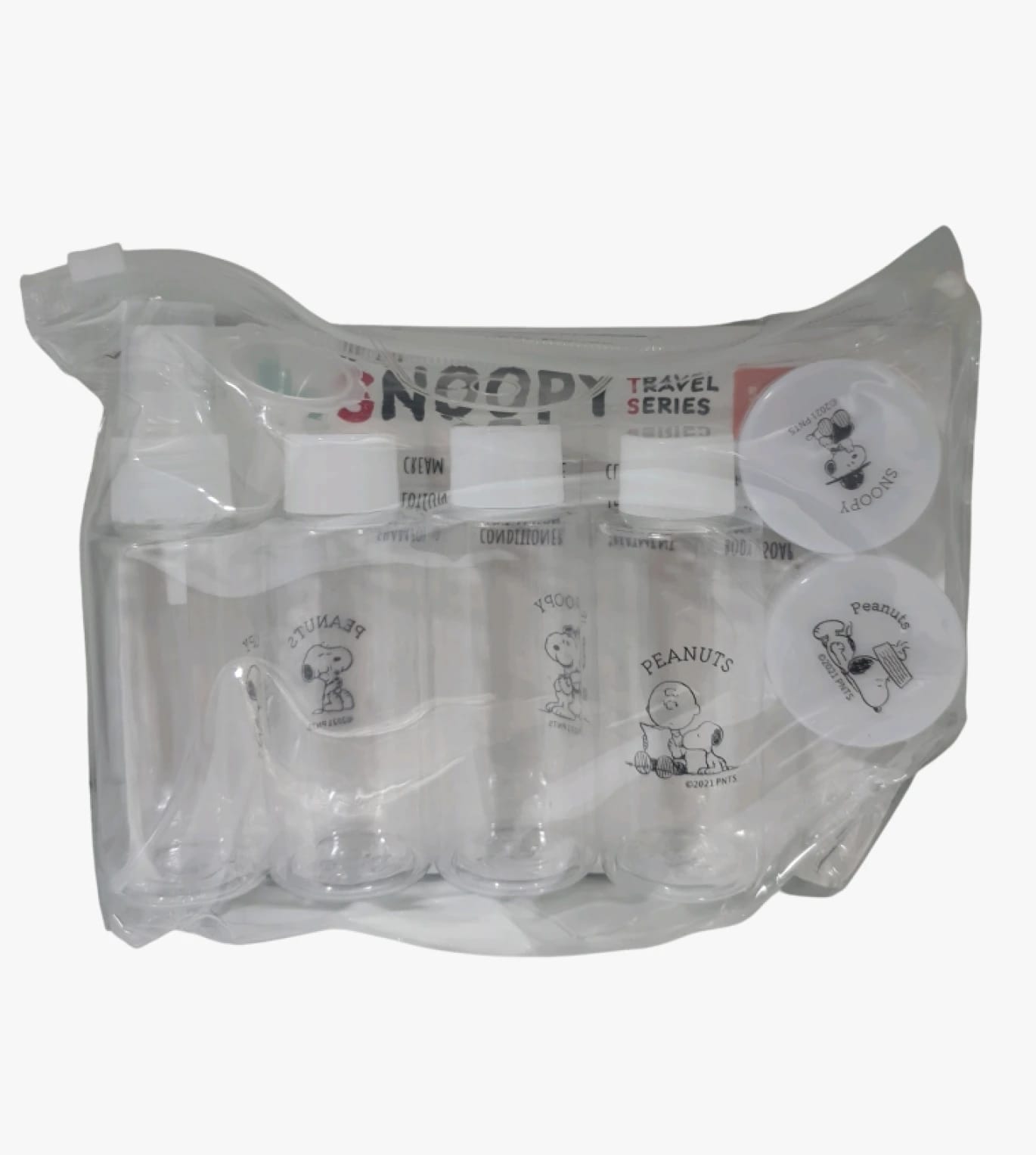 Snoopy Peanuts Travel Series Bottle Set for Travelers with Elegant Design and Lovable Appearance for All Fans of the Iconic Character, Perfect for Carrying Personal Grooming Essentials.