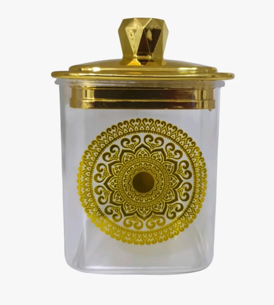 Luxurious Glass Storage Jar with Gold Lid and Decorative Circular Design Perfect for Stylish Consumers Seeking an Aesthetic Touch in Their Kitchen and High-Quality Premium Products.