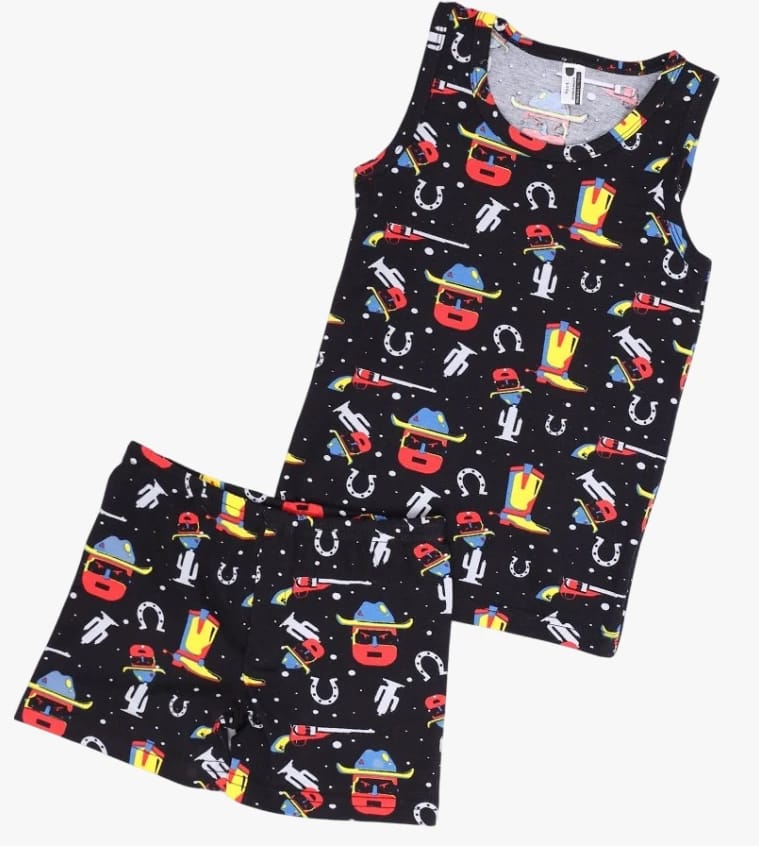 Kid's Stylish Comfortable Western Sheriff Patterned Boys' Sleeveless Top and Boxer Set by Kids Wear in Vibrant Colors and Trendy Design, Perfect for Little Ones Who Love Fashion and Comfort.