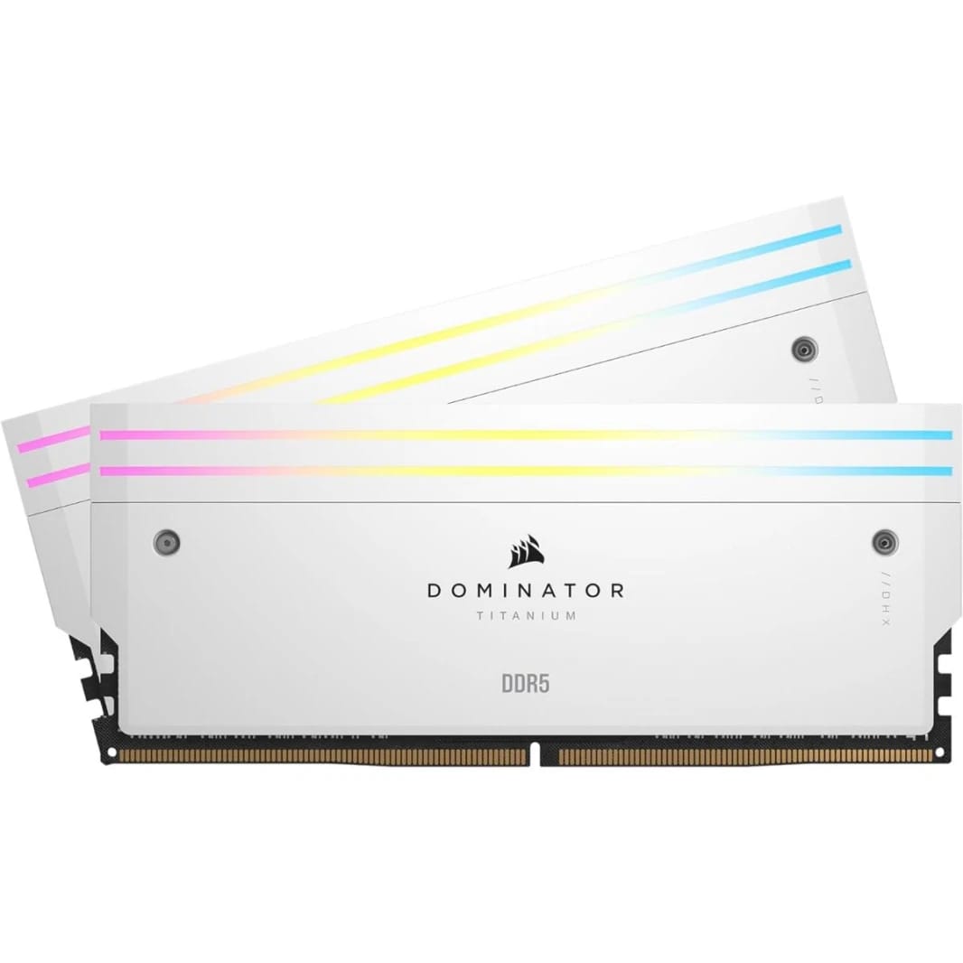 CORSAIR DOMINATOR TITANIUM RGB طقم ذاكرة DDR5 بسعة 32 جيجابايت (2x16 جيجابايت) وسرعة 7200MT/s CL34 — أبيض