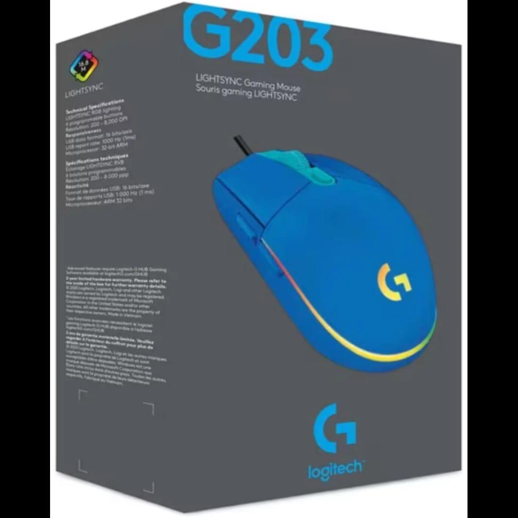Logitech G203 (Blue) Wired Gaming Mouse, 8K DPI, LIGHTSYNC RGB, 6 Programmable Buttons, On-Board Memory, Screen Mapping, For PC & Mac