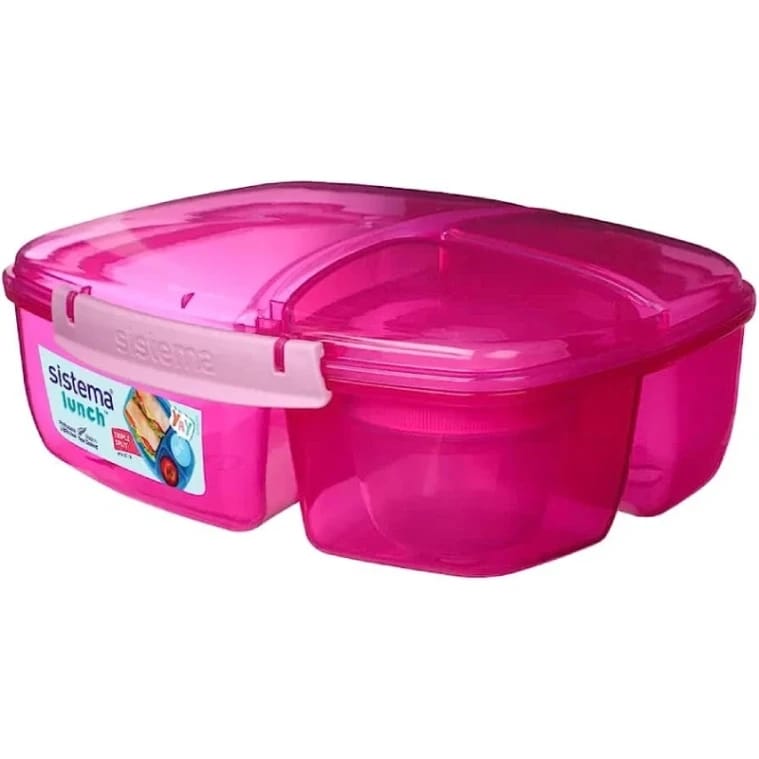 Sistema 3 Compartment Lunch Box with Yogurt Pot, Pink