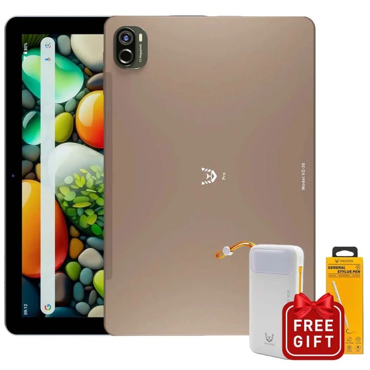 VIKUSHA VZ-30 Pro Tablet ” Octa-Core CPU, 4GB RAM, 64GB Storage, 10.1 inch HD Screen, 4G LTE ” Gold Color with P100 Power Bank And Vikusha Universal Pen