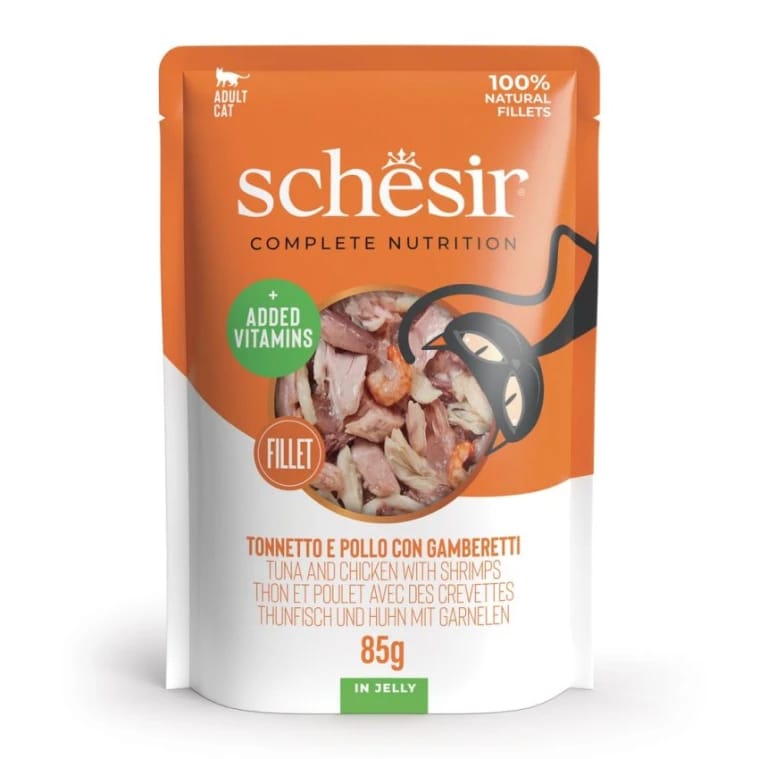 SCHESIR C&B WET CAT TUNA CHICKEN SHRIMPS IN JELLY POUCH 85G