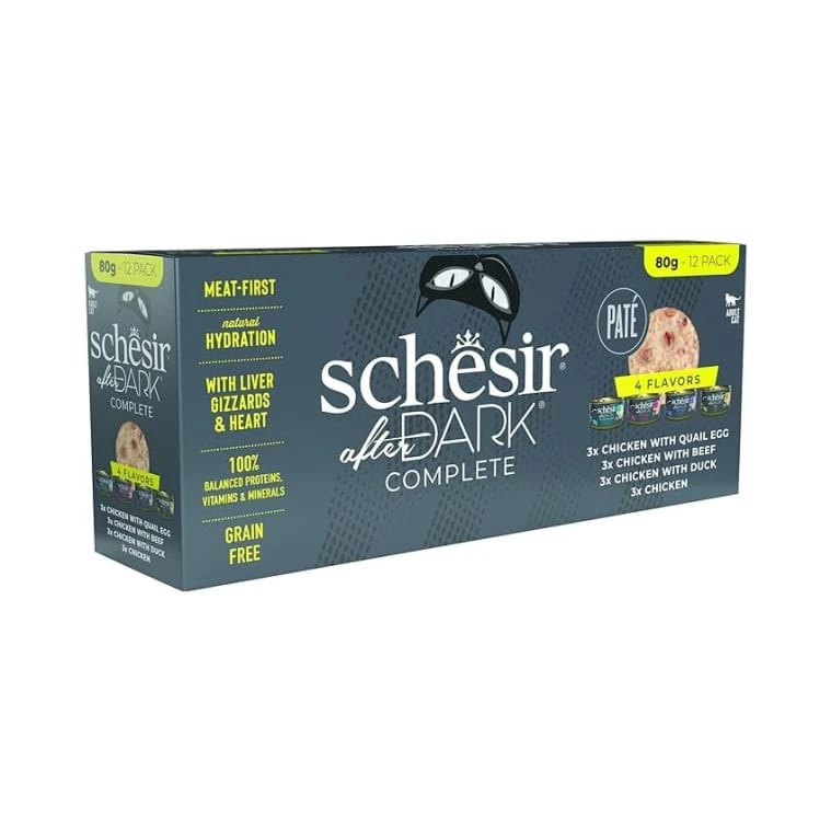 SCHESIR AFTER DARK CAT CAN VARIETY PACK PATE IN BROTH CHICK/QUAILEGG 12×80g