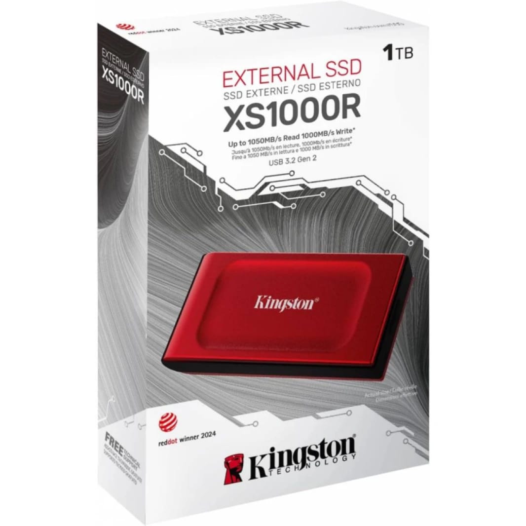 Kingston XS1000 SSD External 1TB Pocket-sized USB 3.2 Gen 2 Up to 1050MB/s With USB-C to USB-A Cable - Red